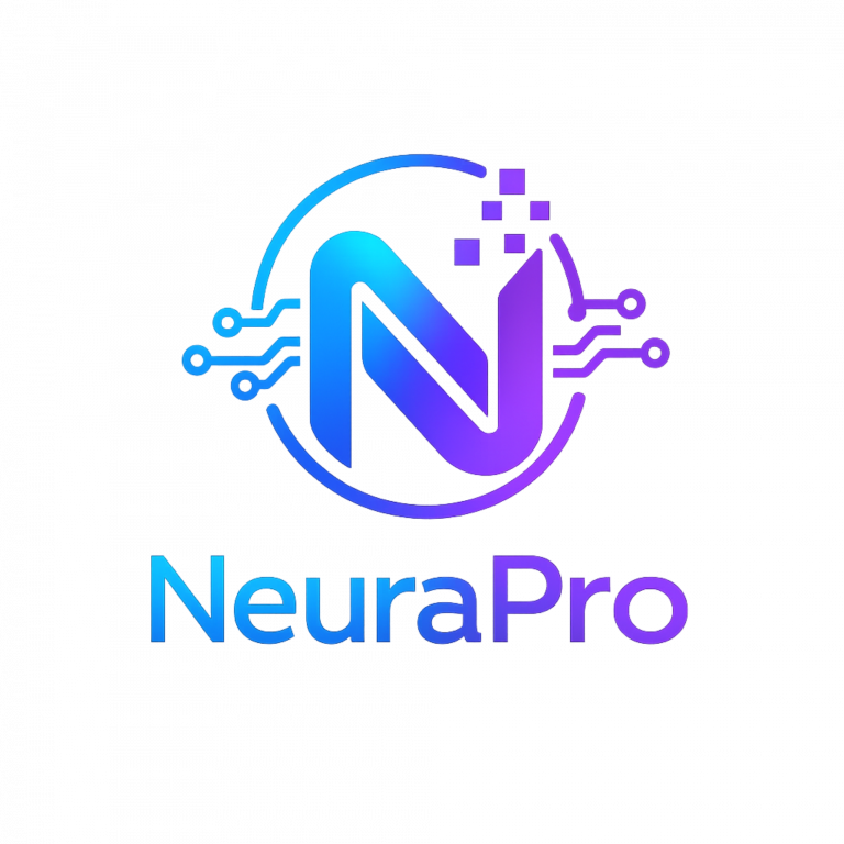 NeuraPro logo featuring a stylized blue-to-purple gradient "N" integrated with circuit lines and digital pixels, representing artificial intelligence, automation, and advanced technology.