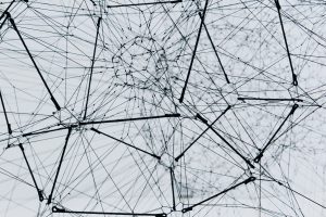 Intricate black mesh of connected data points and lines, symbolizing AI neural network architecture and complex data mapping.