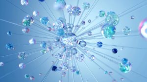 A futuristic digital network of glowing blue interconnected nodes and bubbles, symbolizing interconnected AI technology.